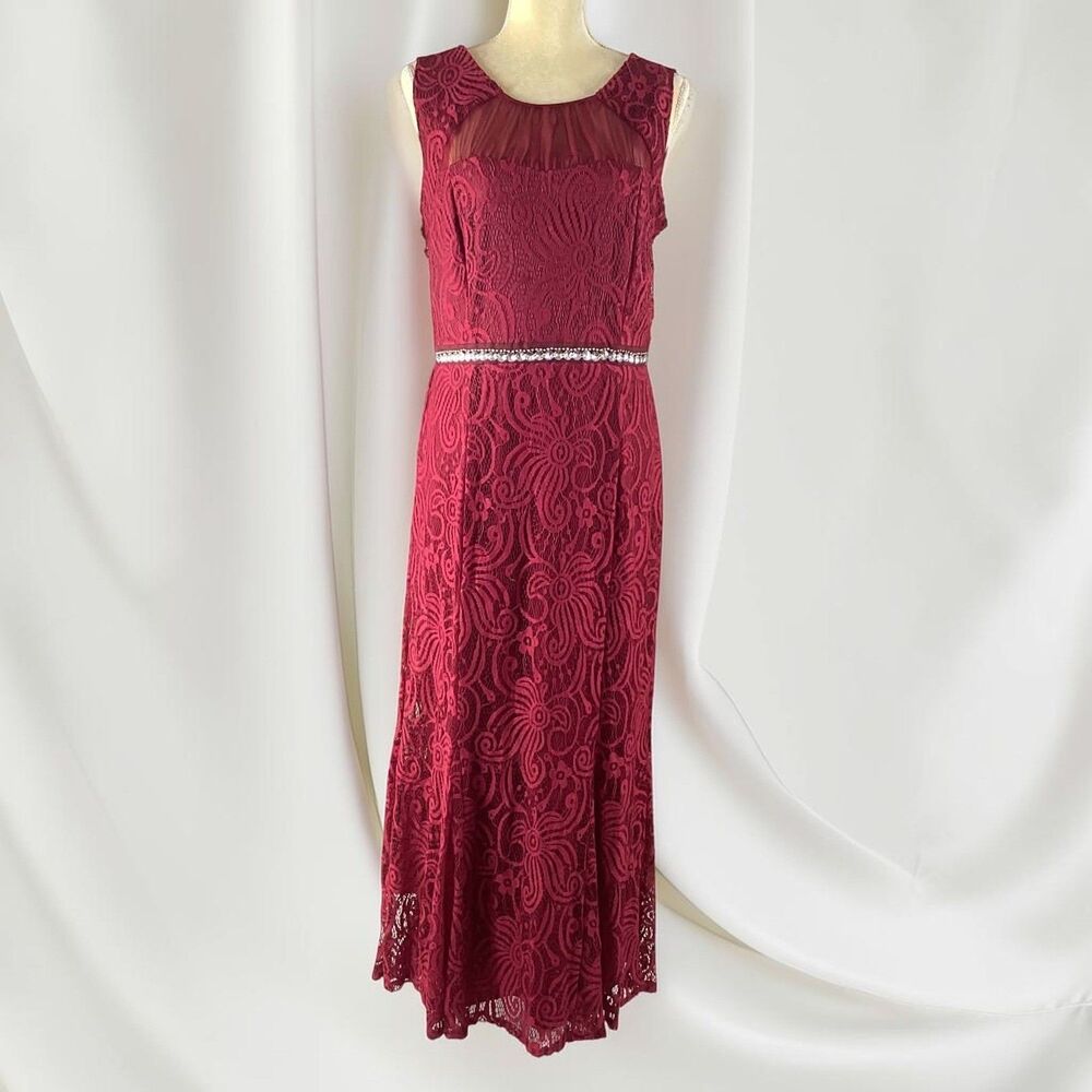 Enfocus Studio Womens Burgundy Lace Rhinestone Mesh Maxi Dress Size 14